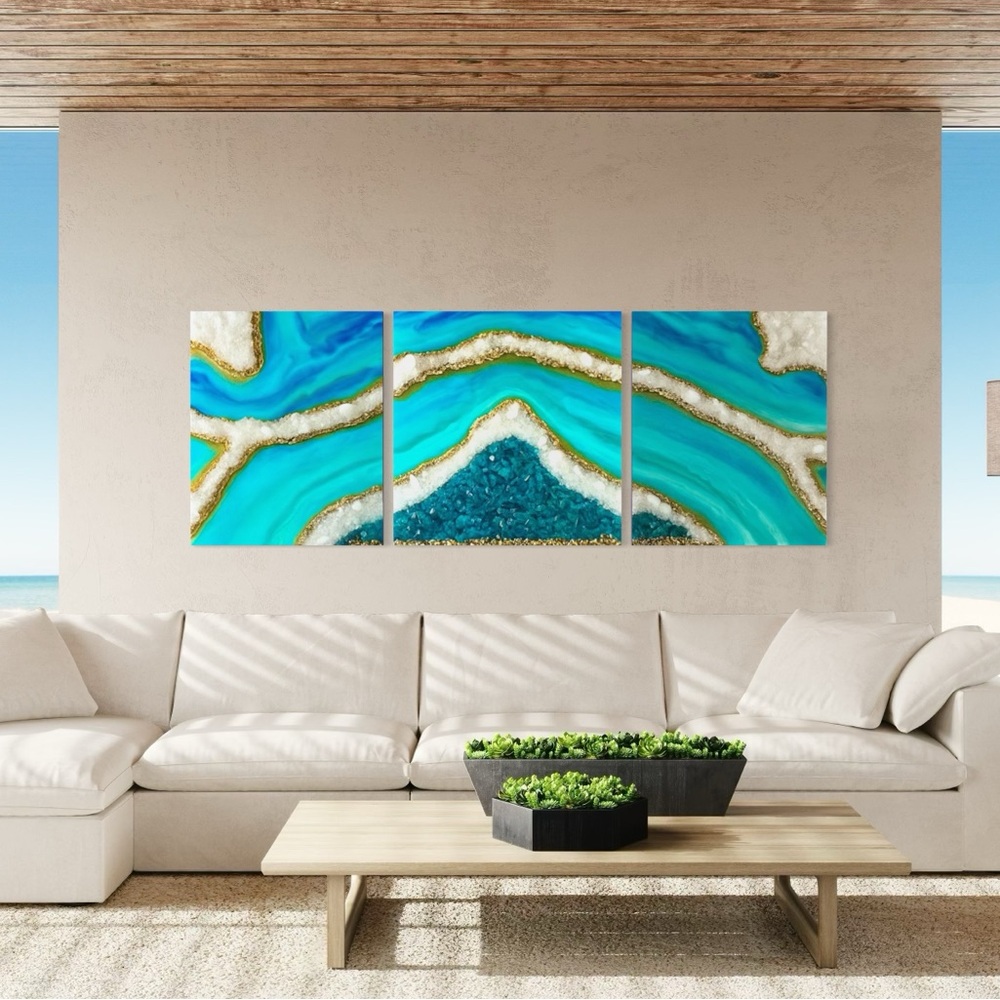 Turquoise and Gold Geode Triptych Canvas Wall Art